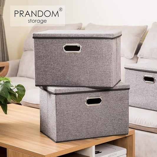 PRANDOM Large Collapsible Storage Bins with Lids [3-Pack] Linen/Cotton Blend Foldable Storage Boxes Organizer Containers Baskets Cube with Cover for Home Bedroom Closet Office Nursery(17.7x11.8x11.8)