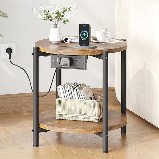 LIKIMIO 15.8" W Small Round Side Table with Charging Station, 2-Tier End Table with Lower Shelf, Wooden Nightstand for Small Spaces, Living Room, Bedroom, Rustic Brown