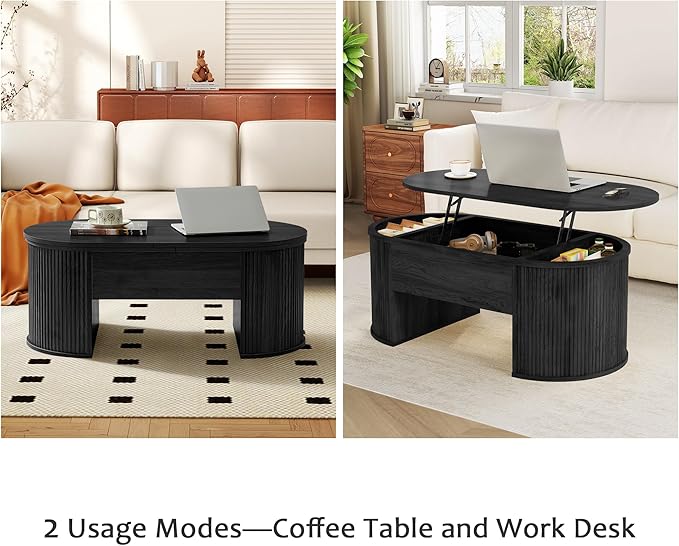 ORRD Lift Top Coffee Table, Fluted Coffee Table with Lifting Top, Wooden Lift Up Dining Table with Hidden Compartment, Center Table for Living Room, Office - Black