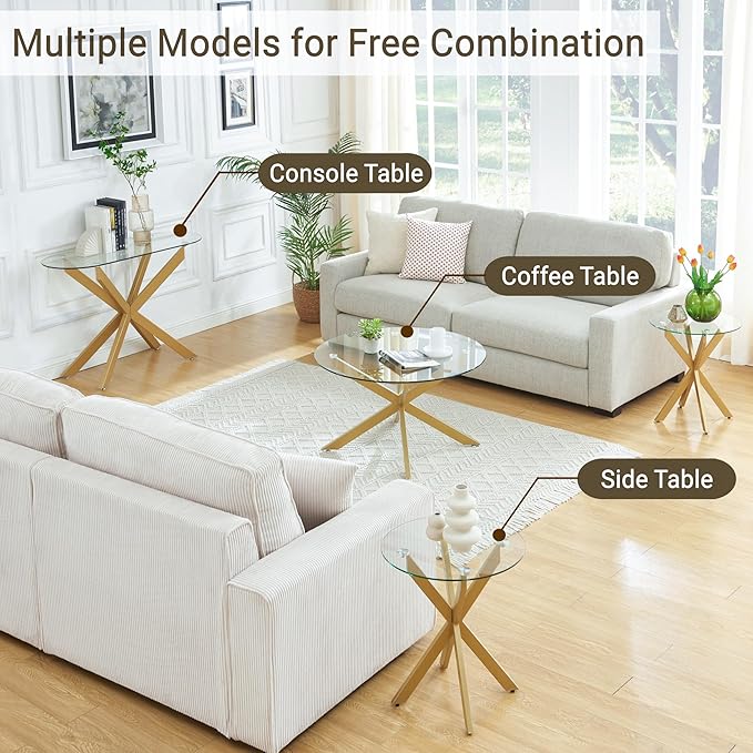Round Glass Coffee Tables for Living Room, Home Office, Modern & Simple Center Table with Clear Tempered Glass Top, 35.5" Wx19.7 H Gold