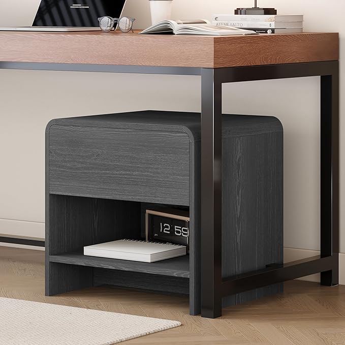 Nightstand with Drawer and Open Shelf, Wood Bedside Table Farmhouse End Table for Bedroom, Boho Night Stand Small Sofa Side Table for Living Room, Black