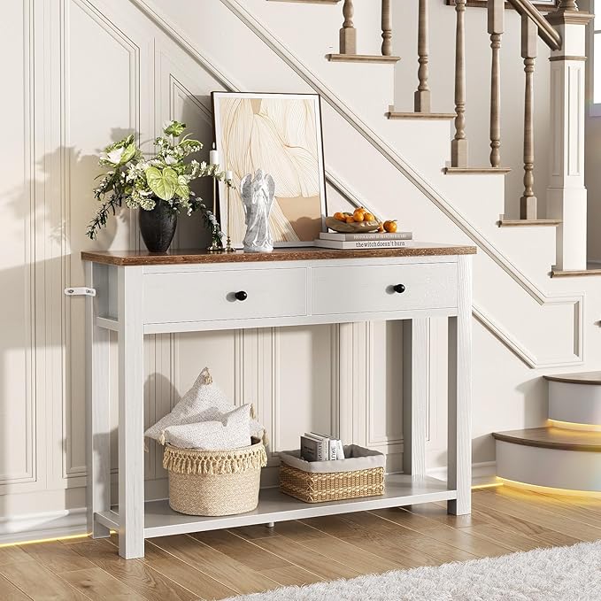 Homieasy Farmhouse Console Table with 2 Drawers, 32 Inch Small Sofa Table with Storage Shelf for Living Room, Behind Couch, Entryway Table for Hallway, Living Room, or Foyer, Rustic Brown and White