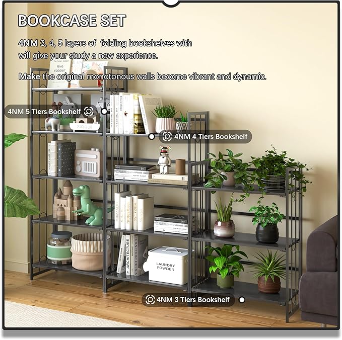 4NM No Assembly 5 Tiers Folding Bookshelf, 59.4" H Foldable Storage Shelves Vintage Bookcase Standing Racks Study Organizer Home Office - All Black