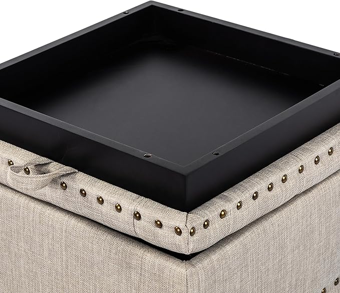 Adeco 18 Inch High Cube Ottoman Storage, Linen Beige Chair Foot Stools with Tray, Upholstered Vanity Stool with Solid Wood Legs