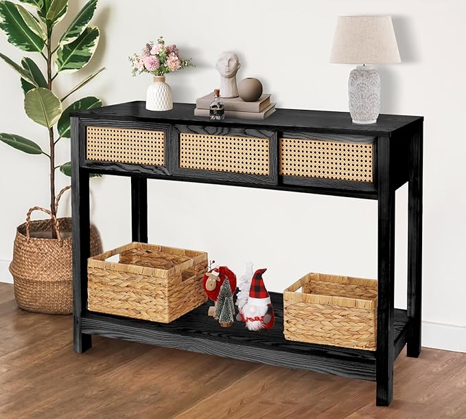 ZYBT Long Console Table, Rattan Entry Table, Console Tables for Entryway, Narrow Wood Console Table with Storage, Black Couch Table Hallway Table Boho Sofa Table for Living Room