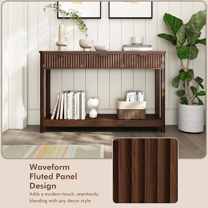 Fluted Console Table with Drawers, Modern 47.1" Entryway Table with Storage Shelf, Boho Narrow Skinny Behind Couch Wood Sofa Table for Living Room Hallway Entrance Foyer,Walnut
