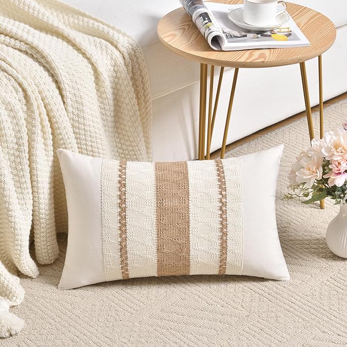 Fancy Homi Set of 2 Boho Neutral Long Lumbar Decorative Throw Pillow Cover 14x24 Inch for Couch Bed Sofa Chair, Modern Organic Farmhouse Home Decor, Soft Cotton Cute Accent Tan Rectangle Cushion Case