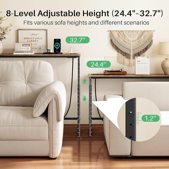 Kitstorack 2-Pack Rustic Brown Console Table, 7.9" Deep Panel, Adjustable Height (25"-33") & Built-in Power Outlets, Behind Sofa Couch, Includes 4.9' Power Cord - 79" L