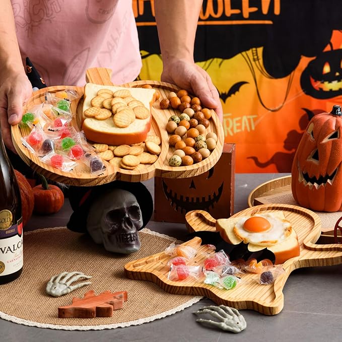 FOBSME 2 Pcs Halloween Wooden Charcuterie Boards Pumpkin and Ghost Shape Serving Platters Fall Wood Serving Trays Decorative Wooden Snack Dish Plates for Halloween Autumn Holiday Housewarming Presents