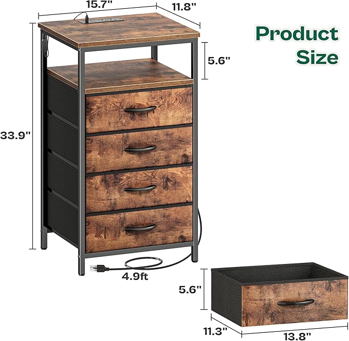 Huuger Night Stand with Charger Station and LED Lights, 4 Drawer Nightstand, Bed Side Table with Open Shelf, End Table, Fabric Dresser for Bedroom, Rustic Brown