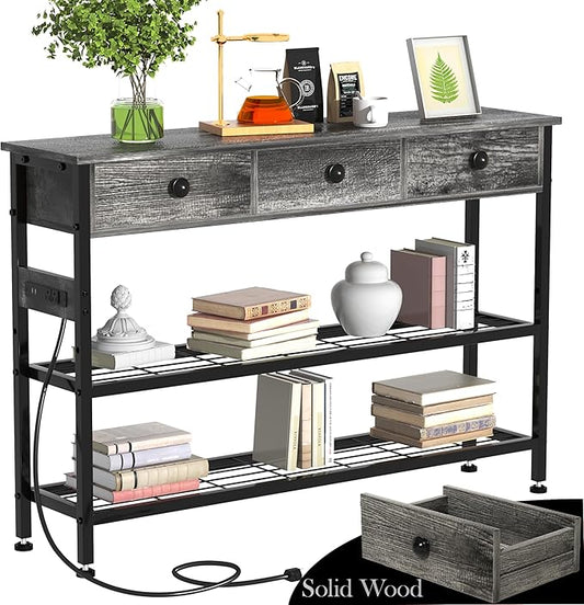 GRLEAF 47" Console Table with Outlets & USB Ports – Narrow Entryway Table with 3 Drawers and Storage Shelves, Power Strip Sofa Table for Living Room, Hallway, Kitchen, Foyer – Grey Wood Finish
