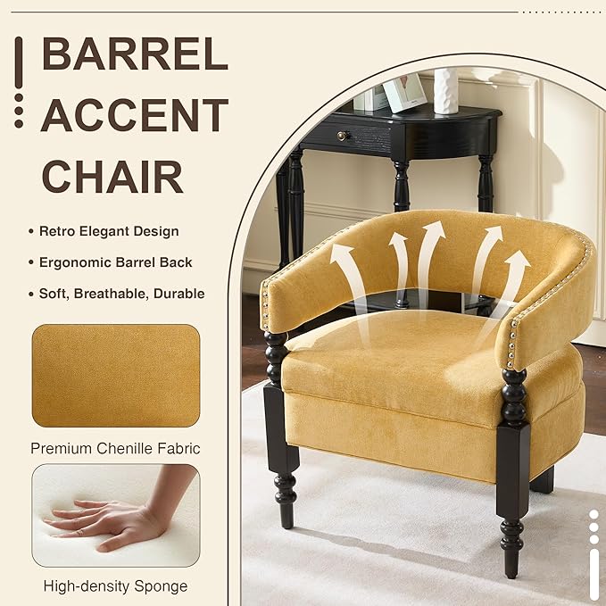 LOULENS Barrel Accent Chairs Set of 2, Vintage Chenille Upholstered Lounge Chair with Solid Wood Legs, Comfy Leisure Side Armchair for Living Room, Bedroom, Reading Nook, Corner, Yellow