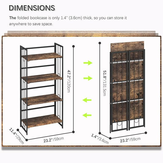 4NM No Assembly 4 Tiers Folding Bookshelf, 47.2" H Foldable Storage Shelves Vintage Bookcase Standing Racks Study Organizer Home Office - Rustic Brown Black