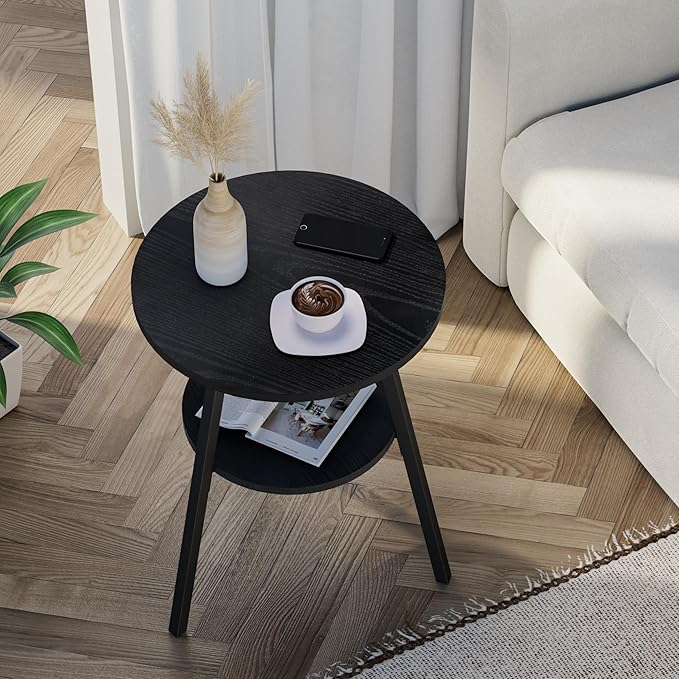 INHABIT UNION Round Side Table, 2-Tier End Table with Black Wood Top and Metal Frame, Small Accent Table for Living Room, Bedroom, 15.4" D x 21.6" H