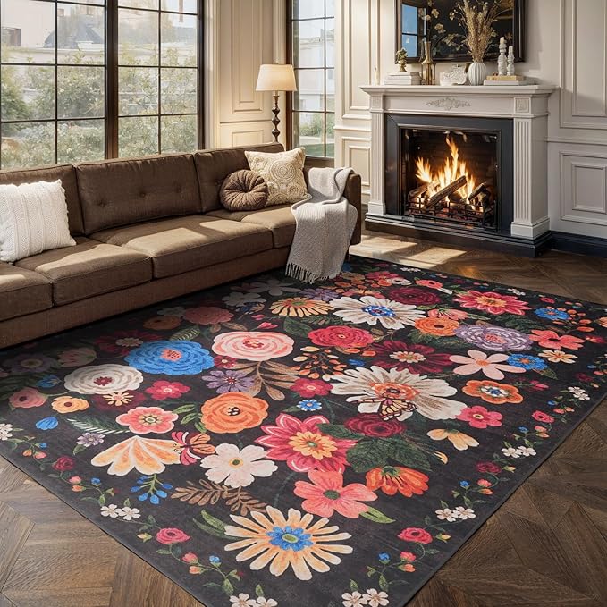 Black Area Rugs 9x12 Living Room Washable Rug Non Slip Floral Low Pile Large Rug for Living Room, Bedroom, Farmhouse, Dining Room, Kids Playroom(9 x 12, Black Lawn)