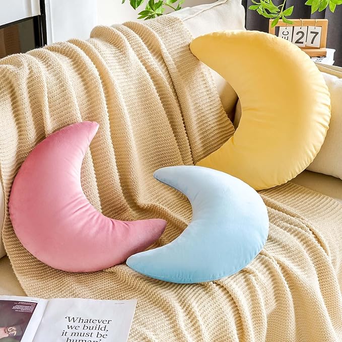 Yellow Moon Pillow, 14.9" Cute Soft Velvet Half Moon Shape Plush Decorative Throw Pillows Cushions Room Decor for Couch Bedroom Living Room