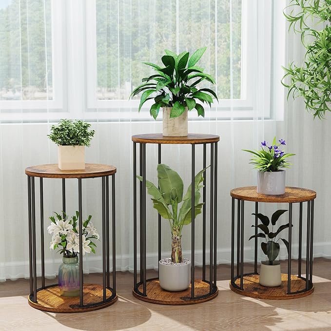 Plant Stand Indoor,small plant stool,Flower Pot Corner stand holder,Mid Century Heavy Duty Metal Tall Home Decor,Modern Round End Table,Small Rustic Display Stand for Living Room,Bedroom(Brown,18In)