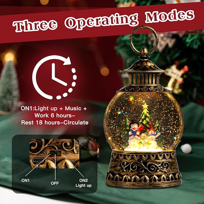 Christmas Snowman Snow Globe, Snowman Musical Snow Globe Lantern Lights with 6H Timer Battery & USB Powered, Retro Style Holiday Glitter Globe for Xmas Home Decoration Holiday Party Gifts