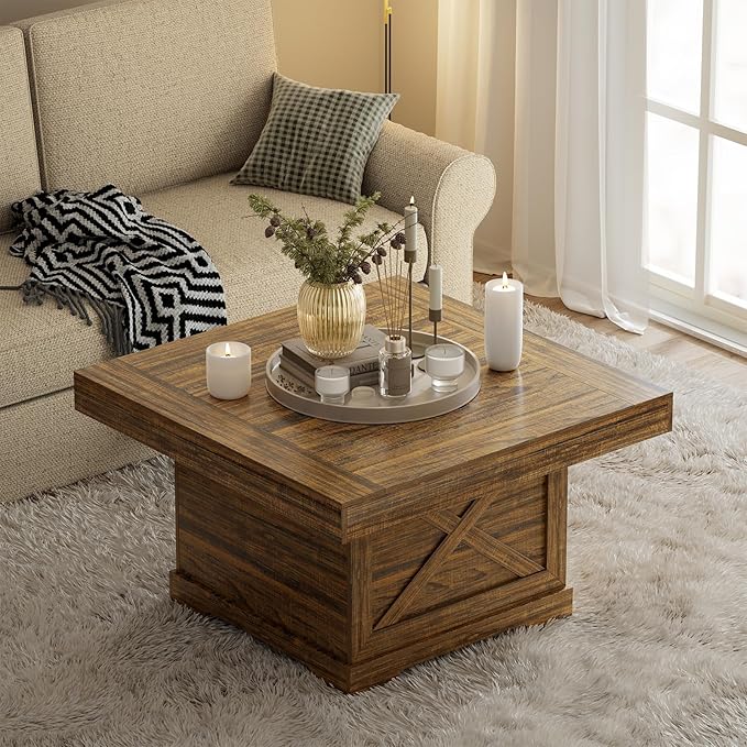 Coffee Table 31.5 in Rustic Center Table with X Design Wooden Pedestal for Living Room, Small Square Home Office Tea Accent Table for Dining Room Apartment, Walnut