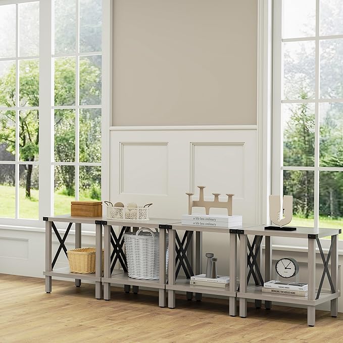 Large End Table Farmhouse Side Table Industrial Style Sofa Table Metal X Accent Wood Coffee Table NightStand with Storage Shelf for Living Room Bedroom Oak Grey MLBZ16Z