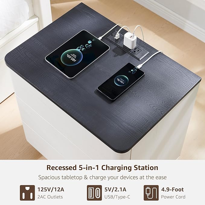 ACCOHOHO 22" Modern Nightstand with Charging Station, Push-to-Open Handleless 3 Drawers Bedside Table, Large End Table with Storage, Side Table for Bedroom, Living Room, Curved Profile, Off White