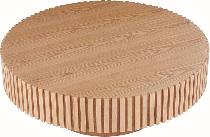 31.49" Modern Round Coffee Table,Sturdy MDF Material Pedestal Base,Fluted Wood Top,Luxury Drum Accent Table for Living Room,Kitchen,Apartment (Natural Ash,Round+Ø31.49 x13.97)