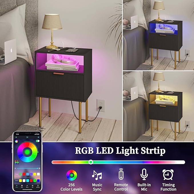 Modern Nightstand with Charging Station and LED Lights, Black Nightstand with Drawer, Fluted Nightstand for Living Room, Bedroom