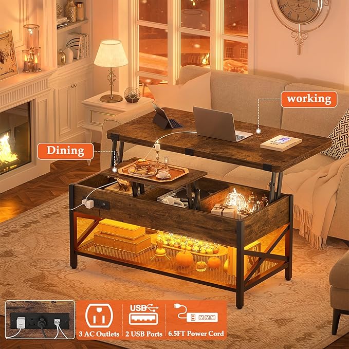 Aheaplus Coffee Table Lift Top with LED Light and Power Outlet, Multi-Function Coffee Table Converts to Dining Table, Center Table with Shelves for Living Room Reception Home Office, Rustic Brown