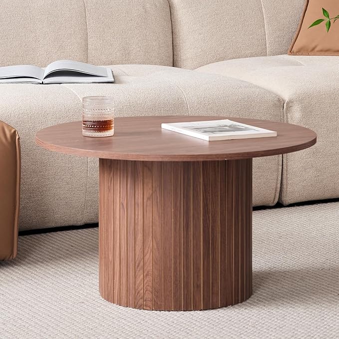 Round Nesting Coffee Tables Set of 2 -φ27.6 Large Short + φ15.8 Small Tall Boho Circle Side Tables with Fluted Drum Design, Brown