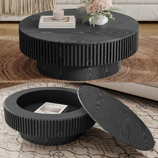 31.5 Inch Round Drum Coffee Table with Storage, Handcraft Fluted Drum Coffee Table, Modern Wooden Round Coffee Table Center Table with Sturdy Pedestal for Living Room Apartment (Black)