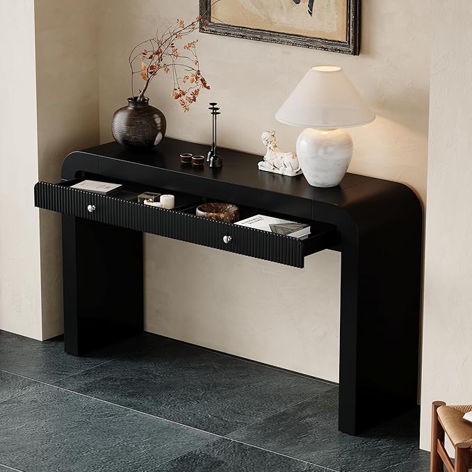 kevinplus 54.3'' Rustic Wood Console Table Sofa Table with Fluted Drawer Storage for Entryway, Modern Elegant Design & Curved Edge, Easy Assemble, Black