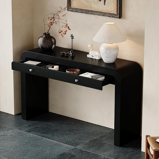 kevinplus 54.3'' Rustic Wood Console Table Sofa Table with Fluted Drawer Storage for Entryway, Modern Elegant Design & Curved Edge, Easy Assemble, Black