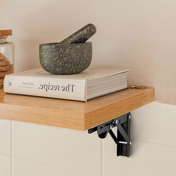 JOY DECOR 16 Inch Heavy Duty Folding Shelf Brackets, 4 Pack (2 Pairs) Collapsible Wall Mounted Brackets for Fold Down Table, Stainless Steel Folding Table Hinge, Matte Black