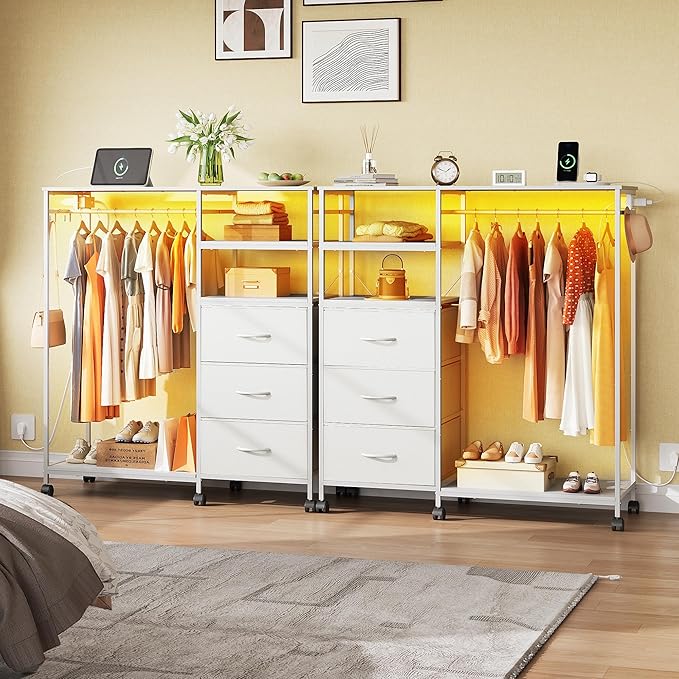 WLIVE White Dresser with Hanging Rack for Bedroom, 3 Drawer Dresser with LED Lights & Charging Station, Fabric Dressers & Chest of Drawers, Storage Organizer with Open Shelves for Living Room