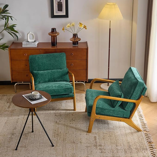 VINGLI Chenille Mid-Century Modern Accent Chair Set of 2, Cute Reading Arm Chair with Cushion & Lumbar Pillow & Solid Wood Frame for Lounge, Living Room, Reading Room, Bedroom, Forest-Green