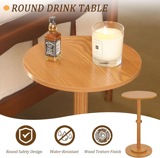 MaxSmeo Drink Table, Small Side Table for Small Spaces, Modern Round End Table with Fluted Wood Leg, Brown