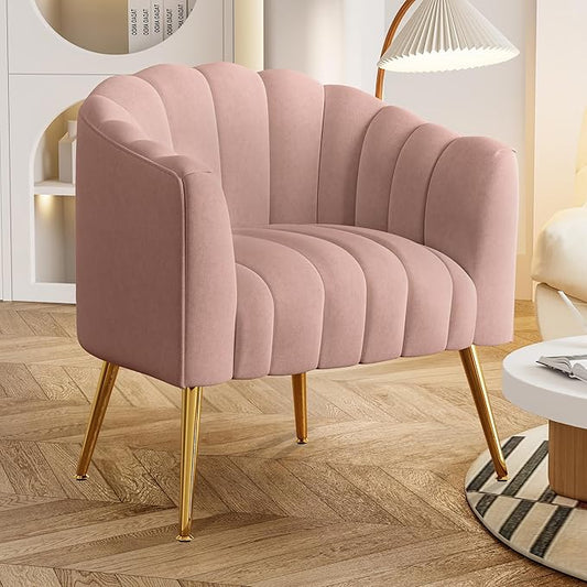 Oversized Pumpkin Couch Accent Chair, Modern Comfy Velvet Upholstered Barrel Chairs, Luxury Single Sofa Armchair for Living Room, Waiting Room, Office and Vanity, (Pink)
