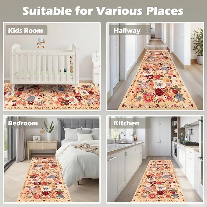 Rug for Hallways Kitchen Rug 2x8, Non Slip Washable Rugs with Rubber Backing Soft Floral Carpet Runner for Hallways, Kitchen, Laundry, Bedroom, Bathroom (2 x 8, Yellow Garden)