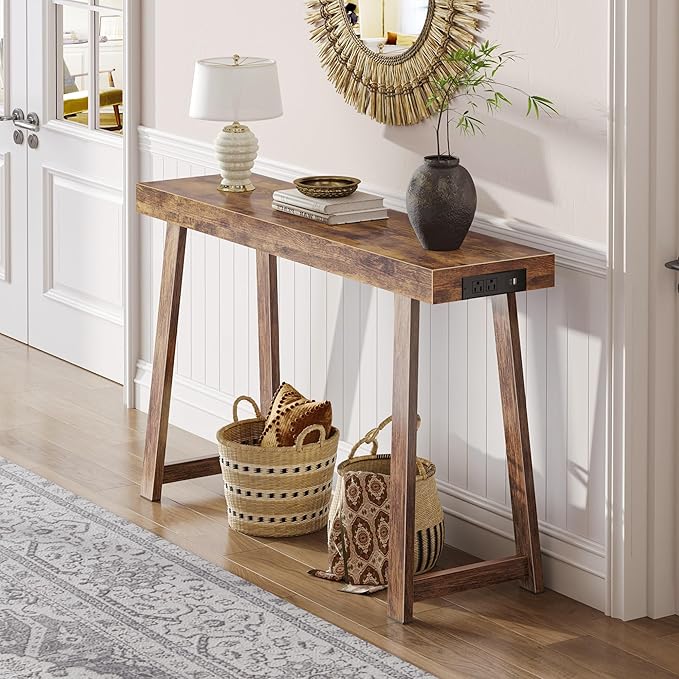 Huuger Entryway Console Table with Charging Station, USB-C Port, 47.2 Inch Sofa Table with Metal Legs, Entry Hallway Table with Thicker Desktop, Modern Behind Couch Table, Rustic Brown