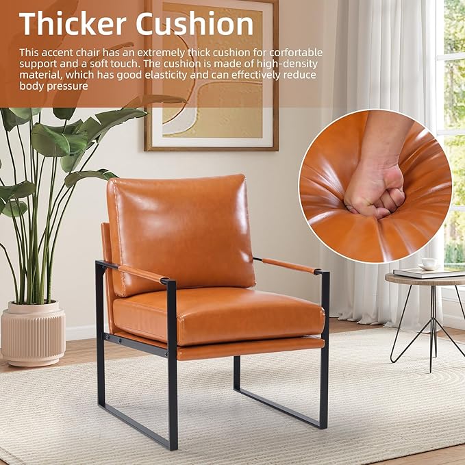 INZOY Mid Century Modern Accent Chair with Removable Cushions Set of 6, Comfy PU Leather Living Room Chairs with Thicker Backrest and Cushion, Metal Frame Design, Brown