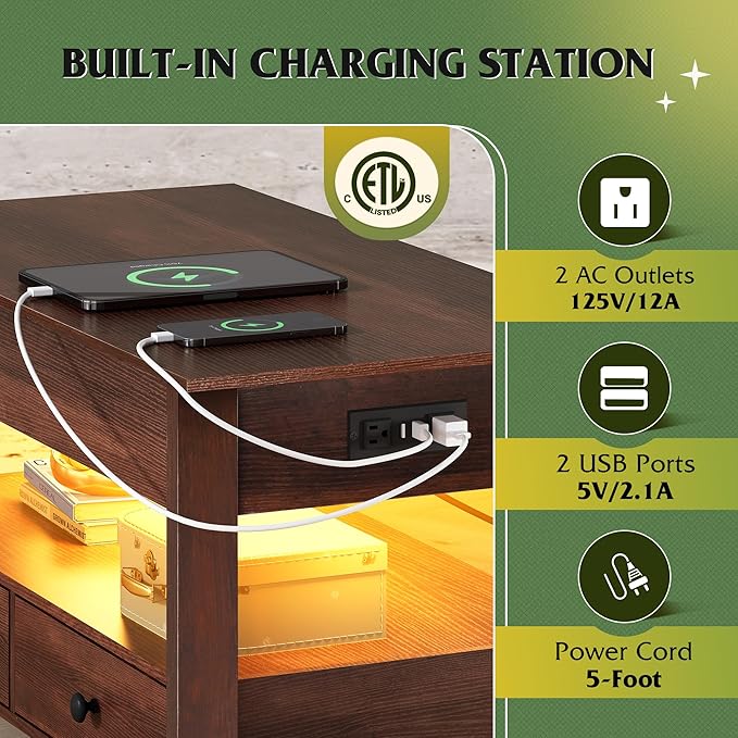 WLIVE Coffee Table, Lift Top Coffee Table with 2 Drawers, LED Light, Large Hidden Compartment and Open Shelf, Lift Tabletop, Dining Table for Living Room, Espresso