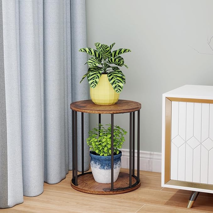 Plant Stand Indoor,small plant stool,Flower Pot Corner stand holder,Mid Century Heavy Duty Metal Tall Home Decor,Modern Round End Table,Small Rustic Display Stand for Living Room,Bedroom(Brown,2 Packs)