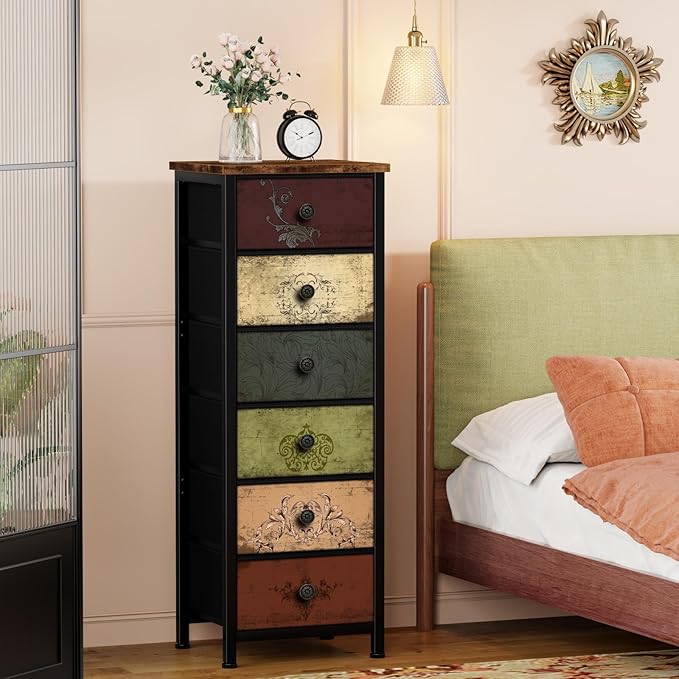 Tall Dresser with 6 Drawers, Pattern Storage Drawer Units, Storage Tower Units, Fabric Dresser Nightstand for Bedroom, Hallway, Entryway, Closets, Dorm