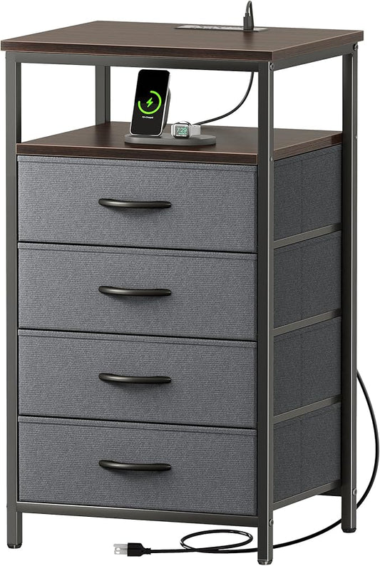 Huuger Night Stand with Charging Station, 4 Drawer Dresser for Bedroom, Bedside Table, 33.9 Inch Tall Nightstand with Open Shelf, End Table, for Closet, Entryway, Bedroom, Walnut