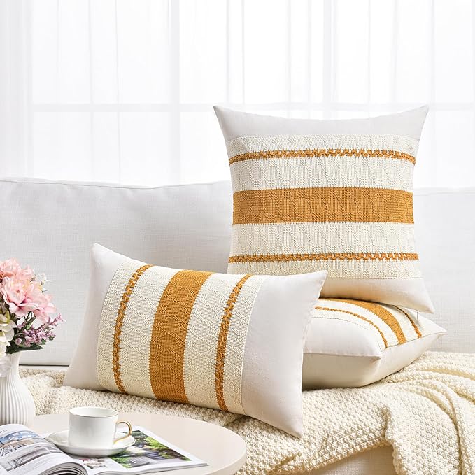 Fancy Homi Set of 2 Mustard Yellow Fall Lumbar Decorative Throw Pillow Cover 12x20 Inch for Couch Bed Sofa, Autumn Halloween Thanksgiving Home Decor, Soft Cotton Cushion Case