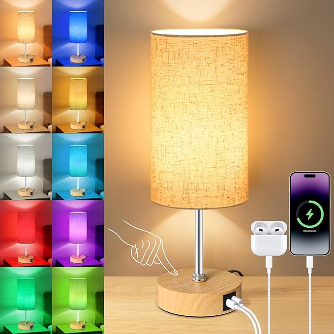 Unicozin Small Table Lamp, 3CCT & 7 RGB Color Changing, Dimmable Nightstand Lamp with Wood Grain Base, Touch Bedsides Lamp for Bedroom, Office, Kids Room, Nursery, Party, Beige Shade