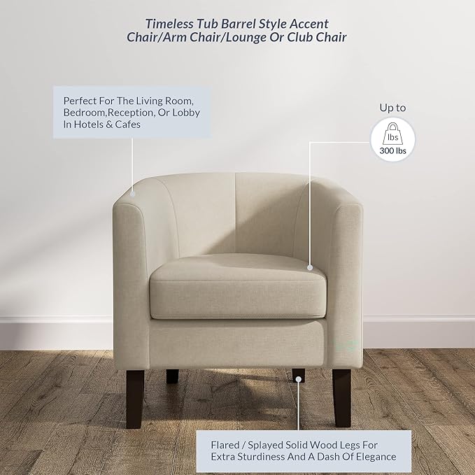 BELLEZE Accent Barrel Chair, Faux Leather Round Club Tub Sofa Corner Chair with Flared Legs and Cozy Soft Padding for Living Room Bedroom Waiting Room - Beige