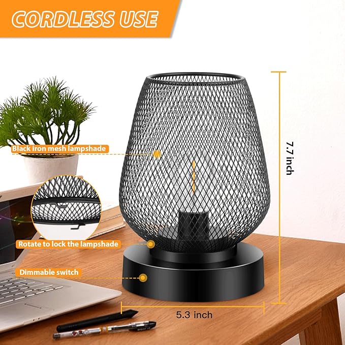 UBright 2 Pack Rechargeable Table Lamp Cordless Table Lamp Battery Operated Lights Metal with 4 Lighting Mode Indoor Outdoor Lights for Patio Bedroom Living Room (Bulb Included) Black