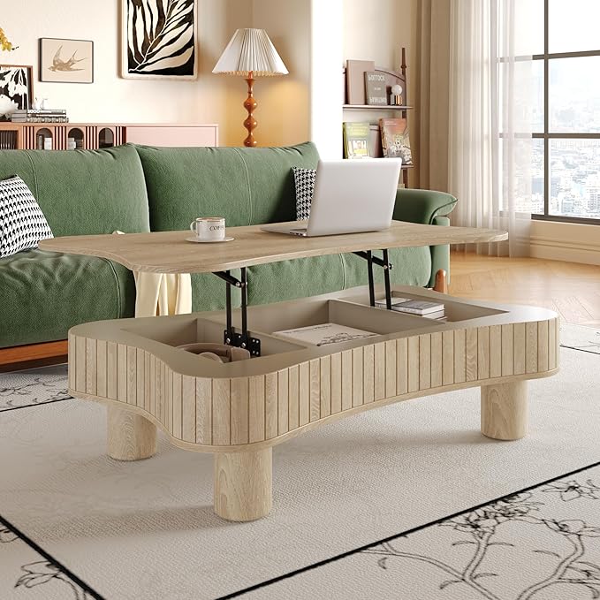 42.5" Lift Top Fluted Coffee Table with Hidden Storage Compartment, Modern Cloud-Shaped Wooden Center Table Cocktail Tea Table with Curved Safety Corners and Adjustable Height, Natural