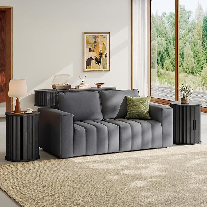 LINSY HOME Round Fluted End Table, Tall Side Table with Sliding Tambour Door and Storage Shelf, Mid Century Modern Nightstand for Living Room, Bedroom, Black